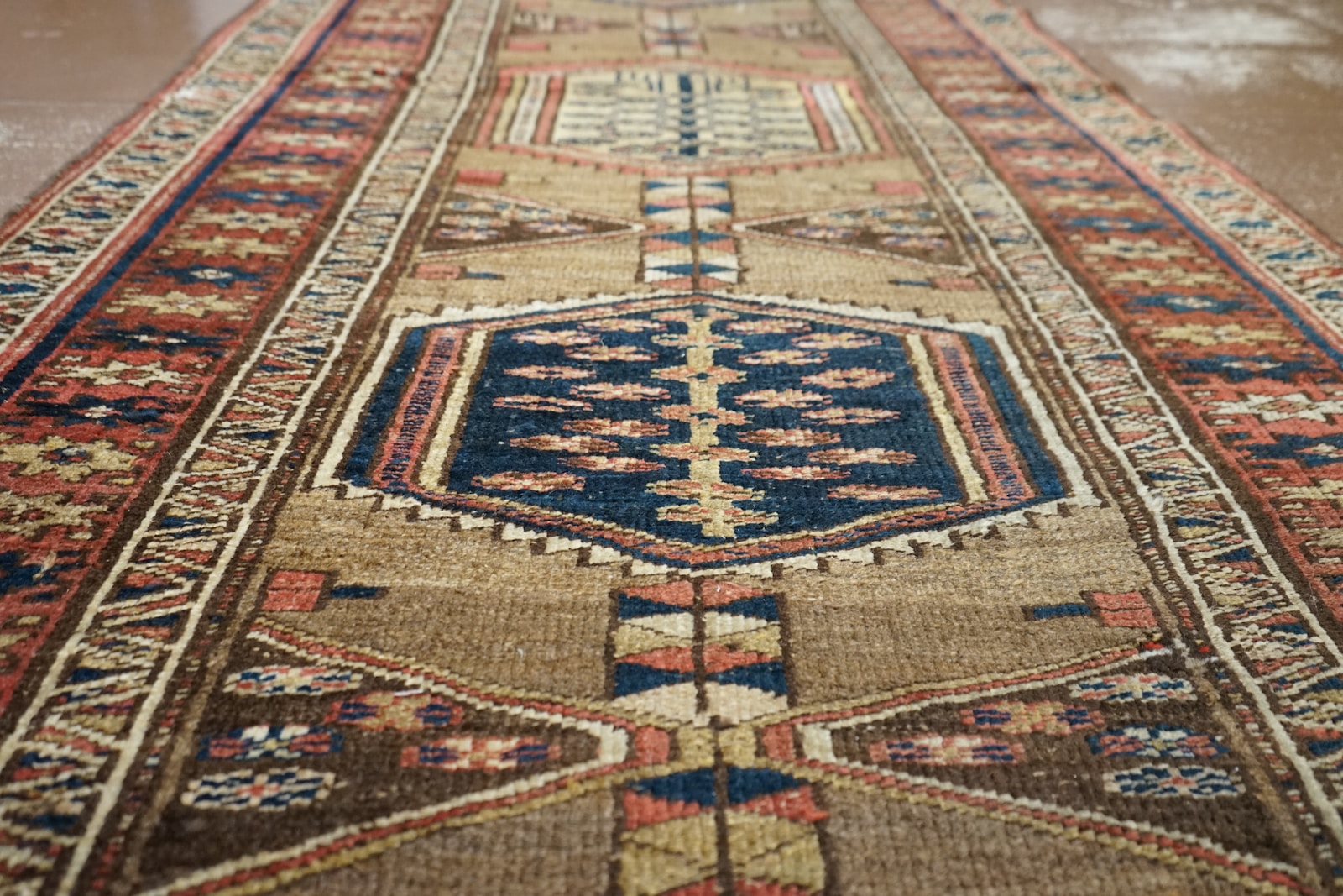 A large oriental rug on a wooden floor