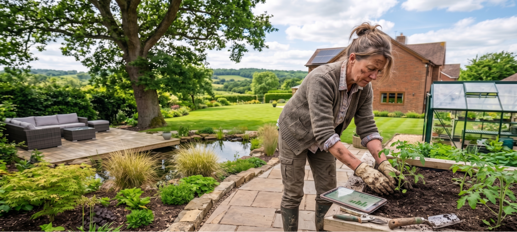Gardener planting seedlings in a lush garden beside a pond and deck with countryside views in the background