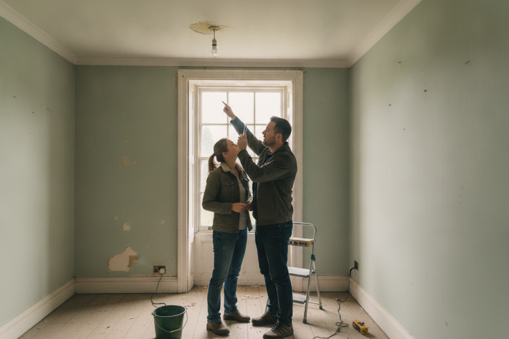 Couple renovating a home, inspecting ceiling damage in an empty room with ladder, tools, and paint bucket on the floor